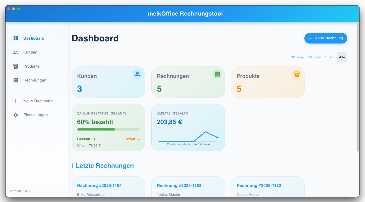 meikOffice Rechnungstool Dashboard Screenshot