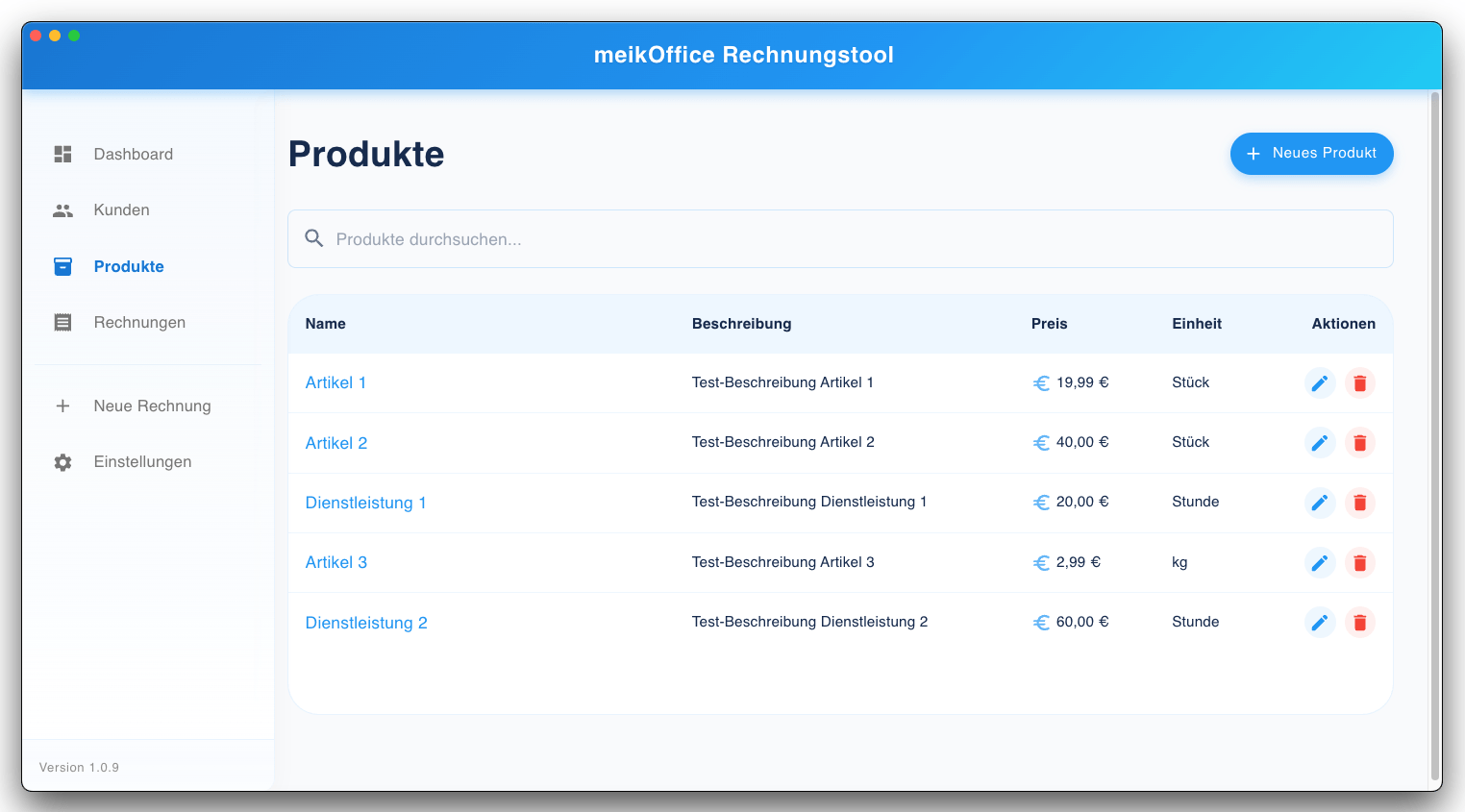 meikOffice Rechnungstool Produktverwaltung Screenshot